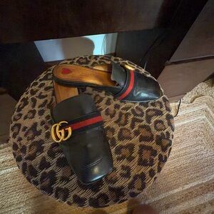 Gucci Black Leather Mules with Red-Green Web and Gold Double G